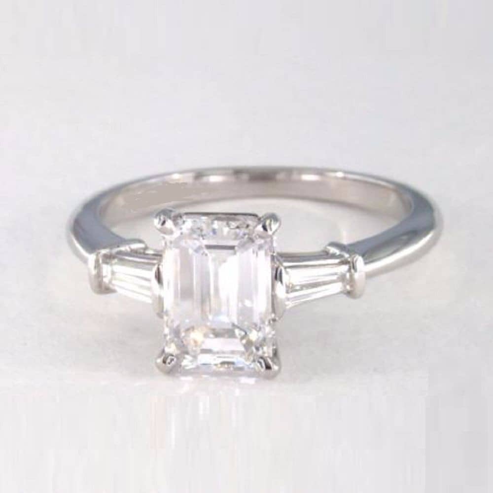 Natural 1Ct F/VS Emerald &Tapper Diamond Trilogy Engagement Ring In Platinum