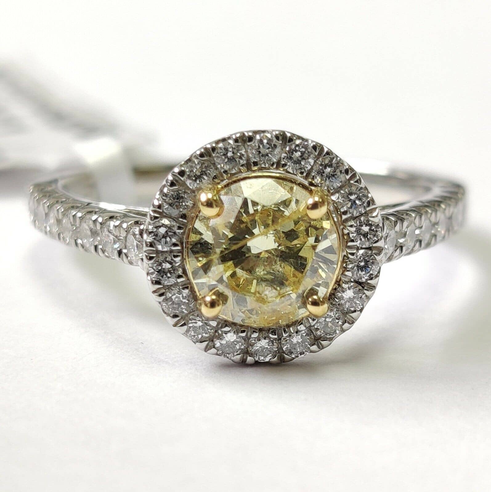 100% Natural Fancy Yellow 1.20 Ct Diamond Halo Set Engagement Ring, Platinum