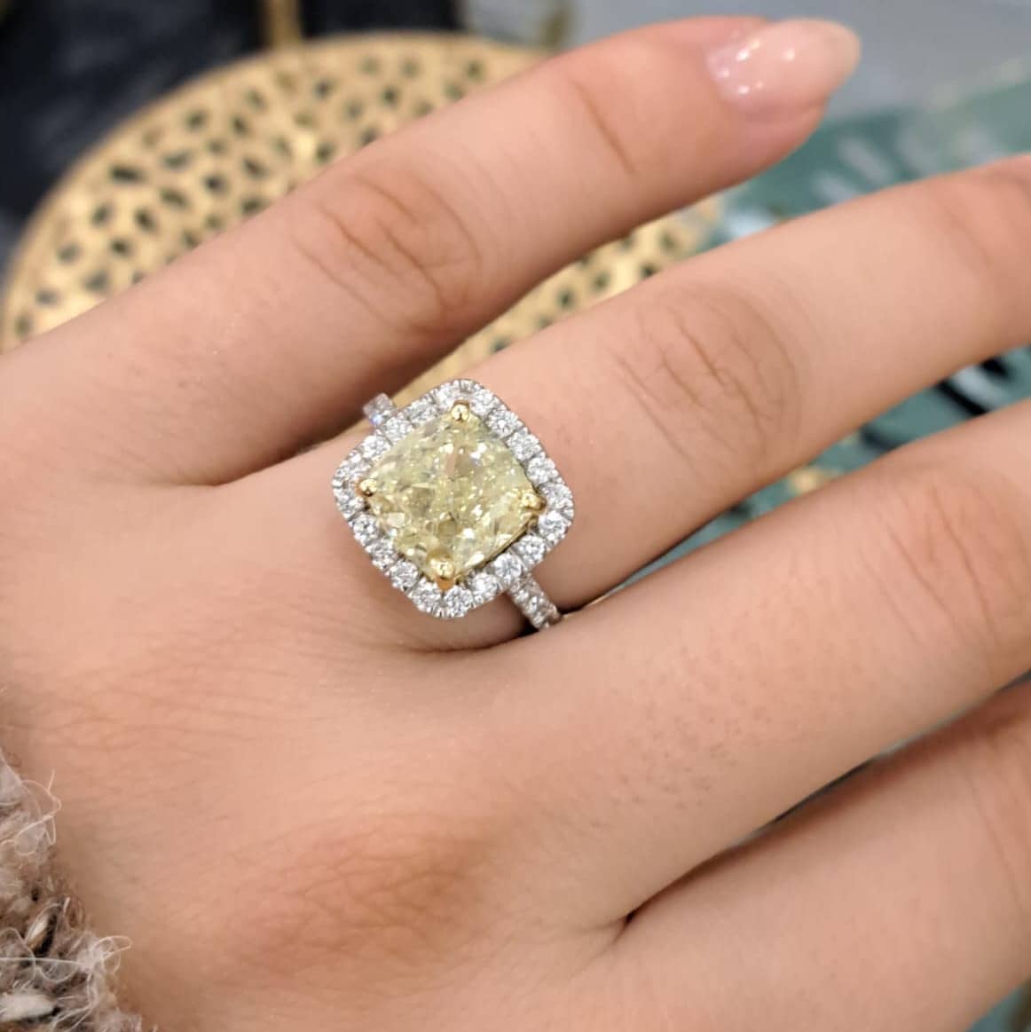 HEAVY PLATINUM 4.05 CARAT FANCY YELLOW CUSHION AND ROUND DIAMOND HALO ENGAGEMENT RING