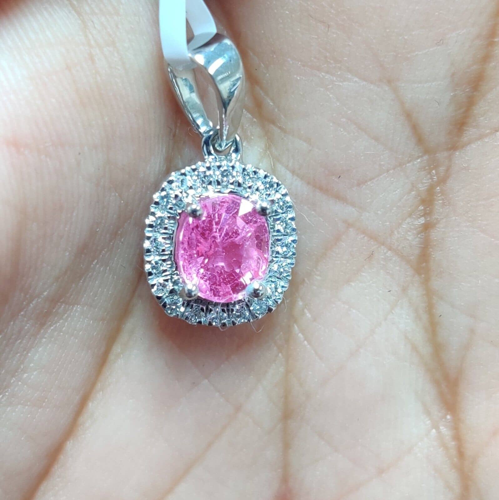 1.50Ct Natural Pink Sapphire Oval & Diamond Halo Pendant, 18k white Gold