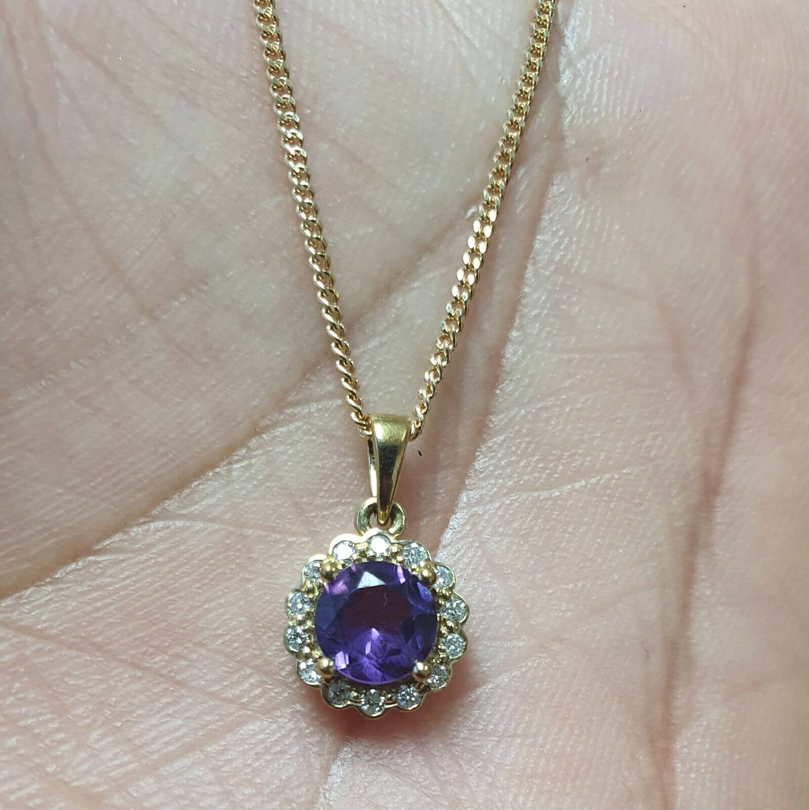 AAA 1.00 Ct Round Purple Amethyst & Diamond Pendant In Yellow Gold with Chain