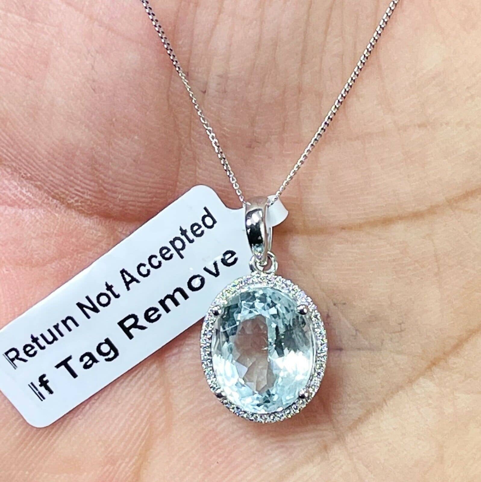 6.00 Ct Oval Cut Big Aquamarine And Diamond Halo Pendant With Chain In 18k White Gold