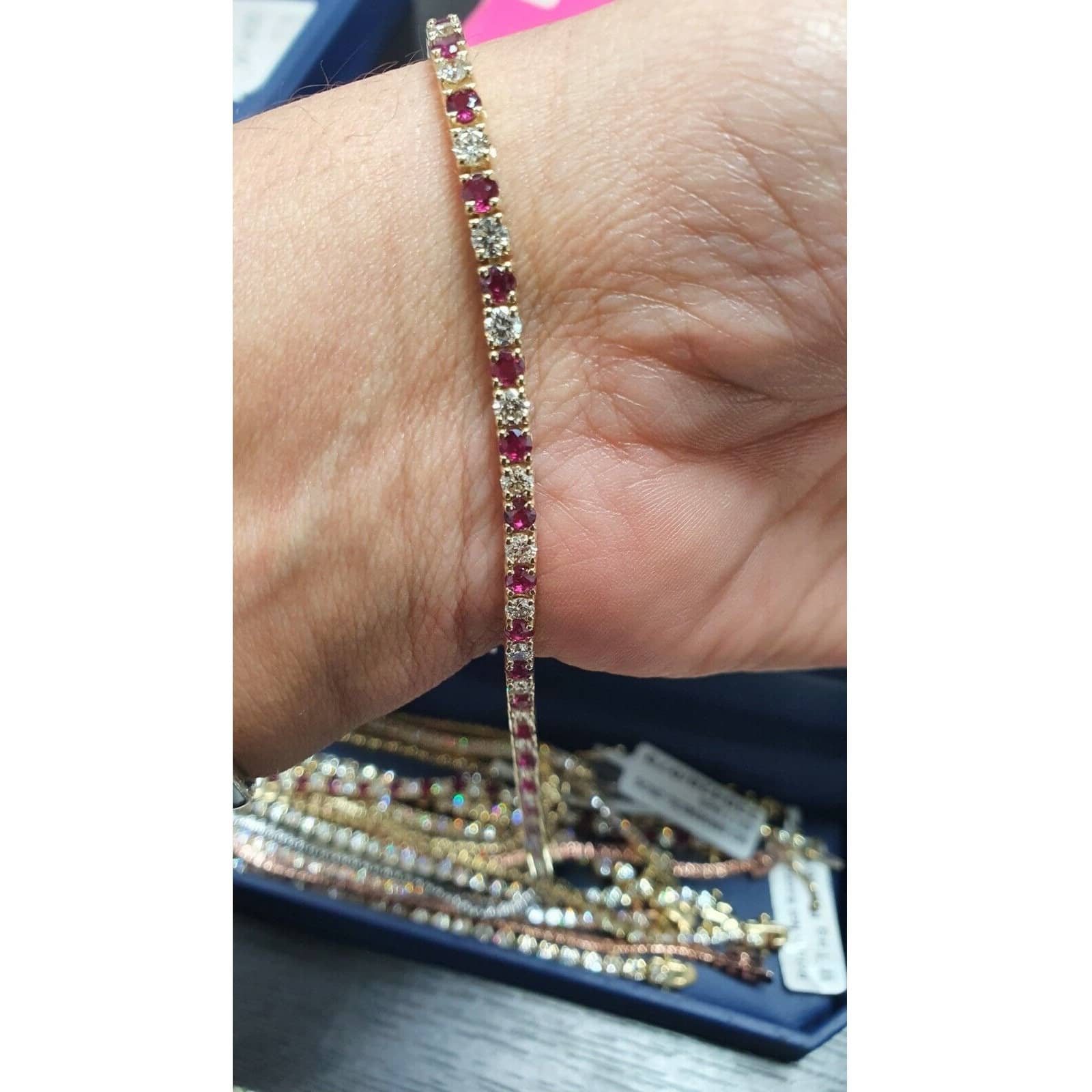 7.90CT Ruby & Diamond Tennis Bracelets Hallmarked In Yellow Gold