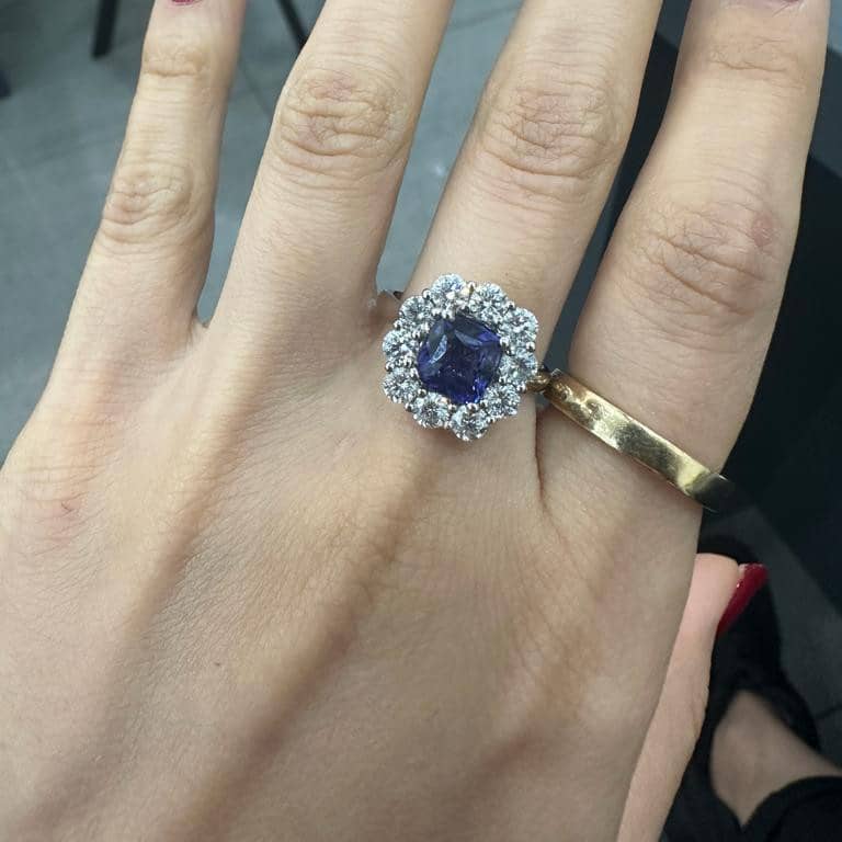 2.10Ct Sapphire Cushion Cut and 1.80ct Side Diamond Cluster Ring Platinum