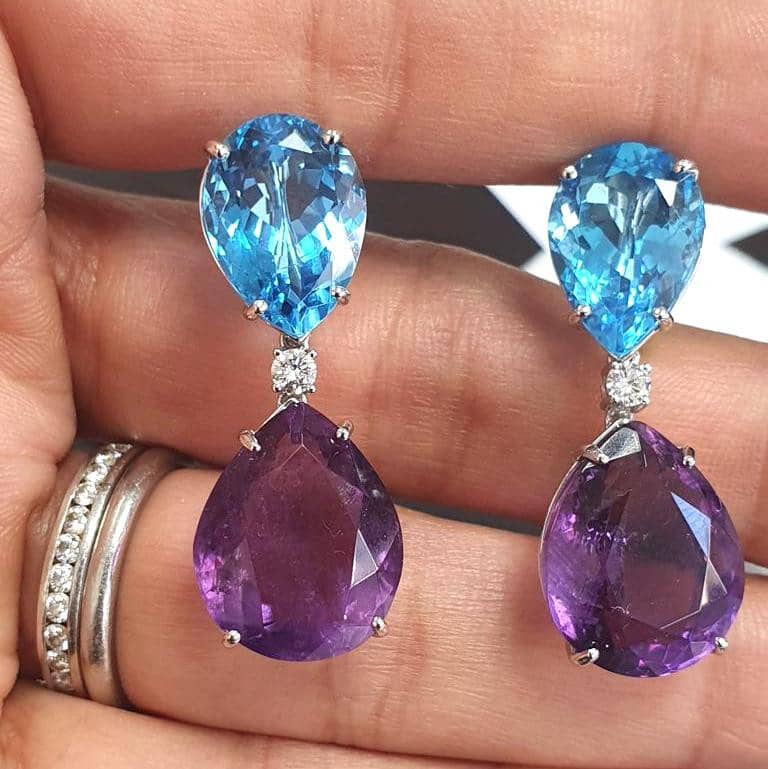 41.90 CT Pear Shape Big Amethyst , Aquamarine & Round Diamond Dangle Earrings Hallmarked 18k White Gold
