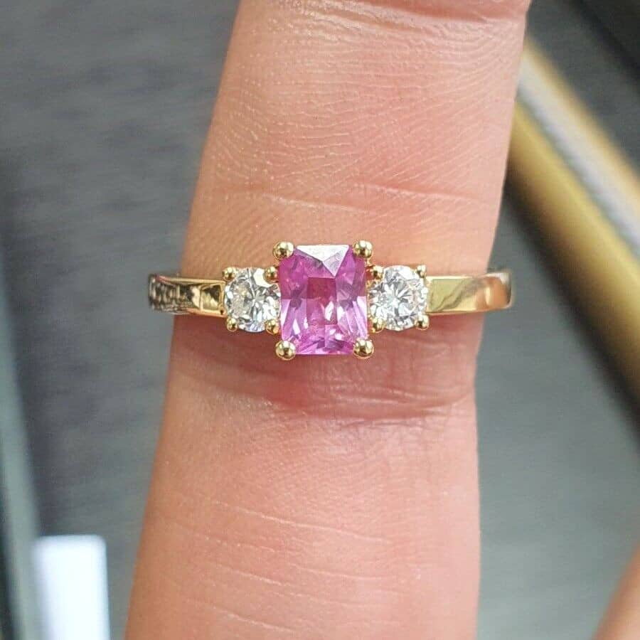 AAA Quality 1.25Ct Natural Pink Sapphire & Diamond Trilogy Ring In 18k Yellow Gold