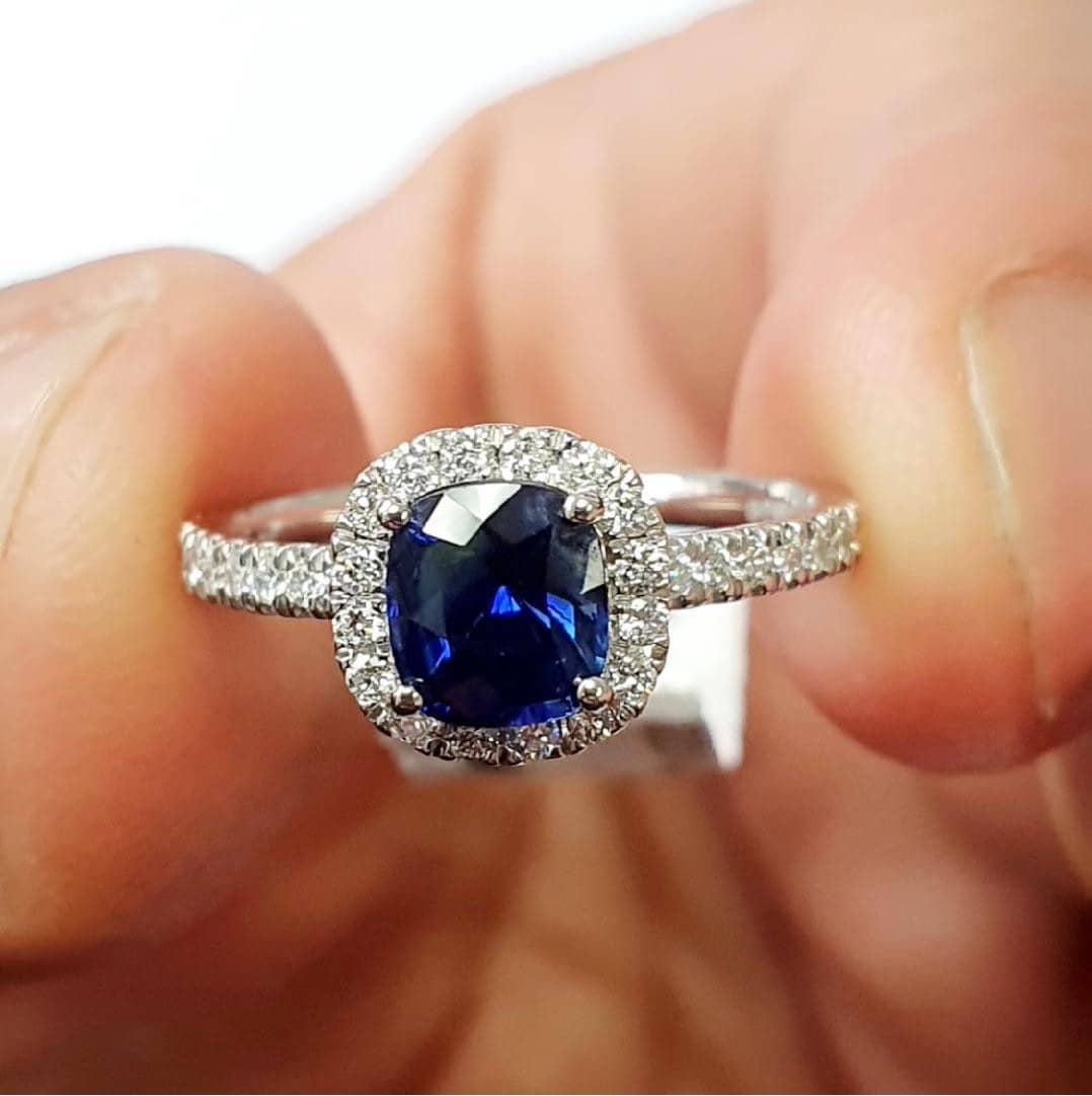Blue Sapphire Cushion & Natural Diamond Engagement Ring In Platinum - 2.30 Carat