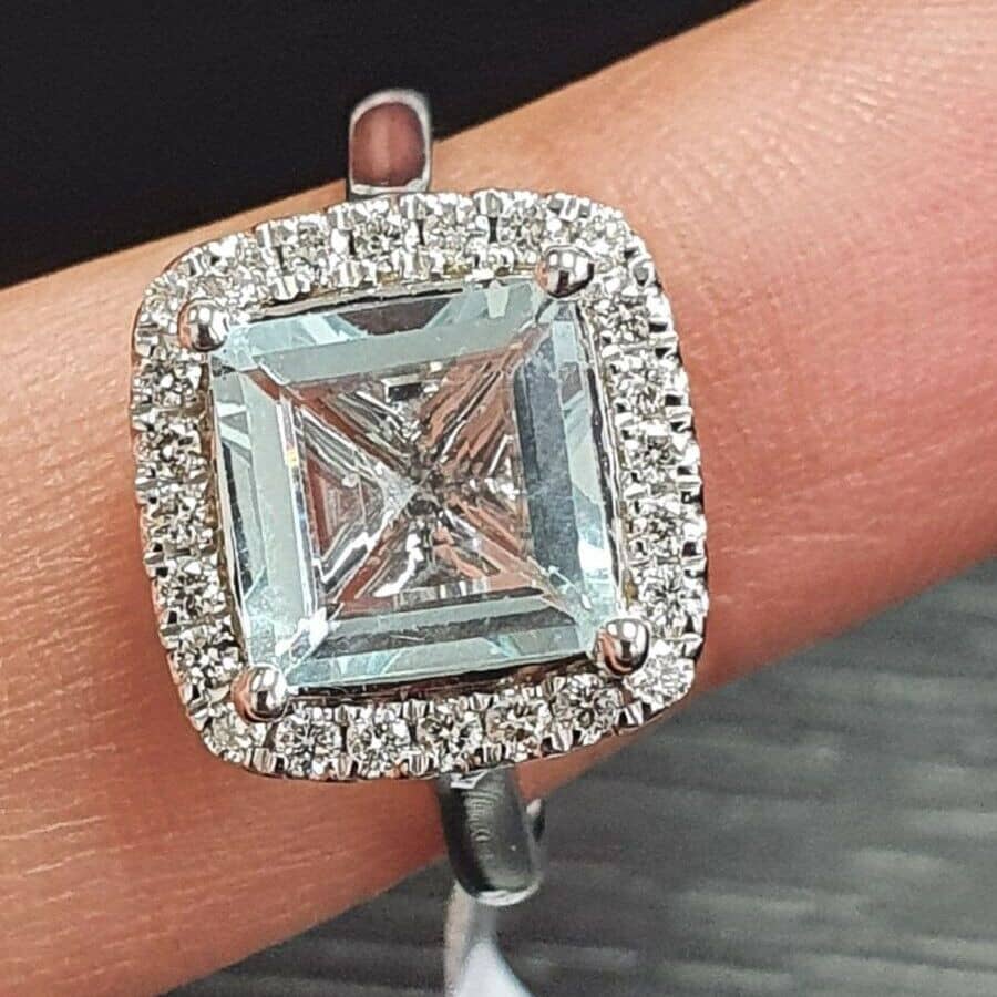 3.00 Ct Princess Cut Aquamarine & Round Diamond Engagement Ring In 9k White Gold