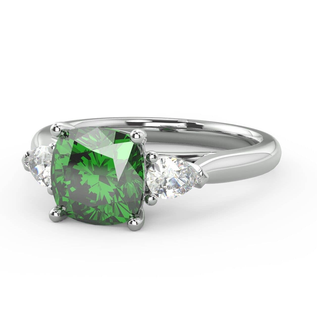 1.50Ct Cushion Shaped Green Emerald and Side Pear Diamond Trilogy Platinum Ring