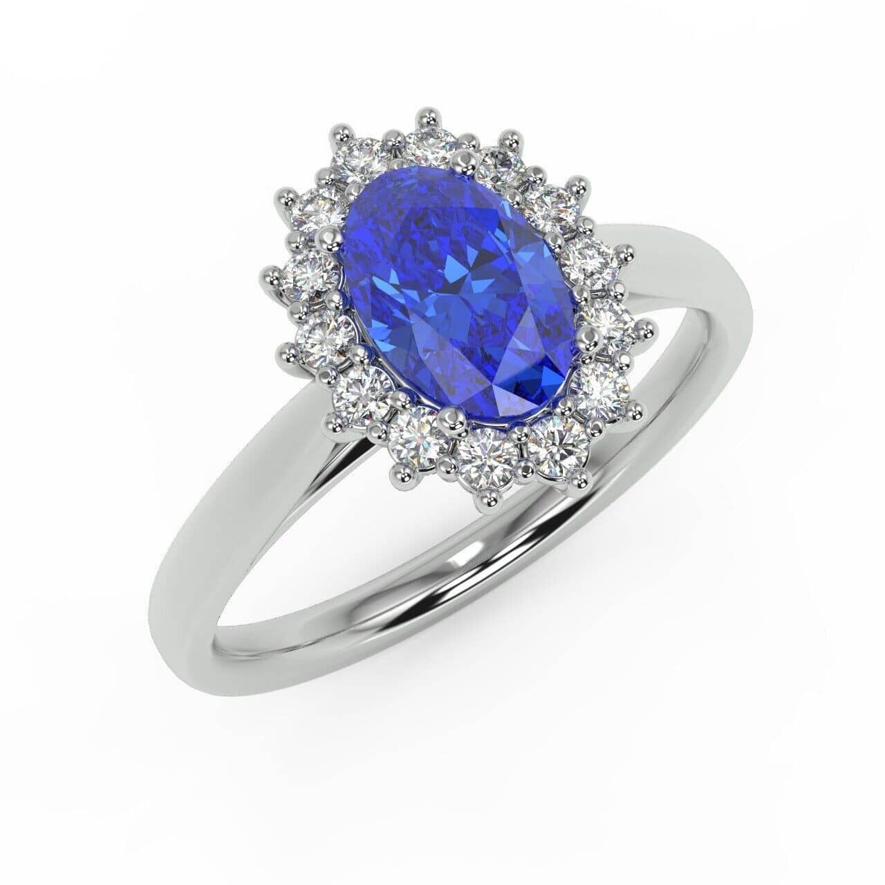 1.50 Ct Natural Oval Cut Sapphire (7x5 mm) & Round Diamond Cluster Ring In 9k White Gold