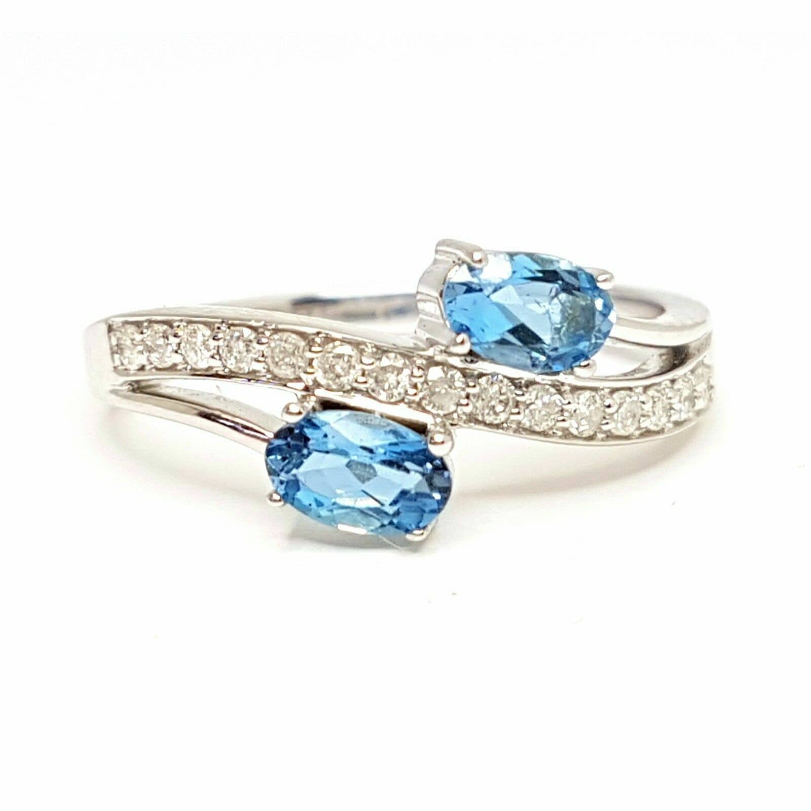 0.75Ct 100% Natural Oval Cut Aquamarine & Round Diamond Ring In 9k White Gold-March Birtstone