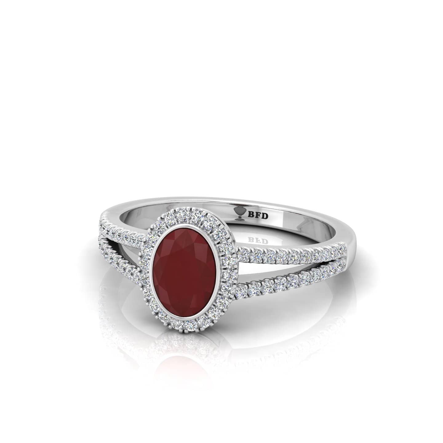 1.00 CT OVAL SHAPE RUBY & DIAMOND HALO ENGAGEMENT RING IN GOLD & PLATINUM