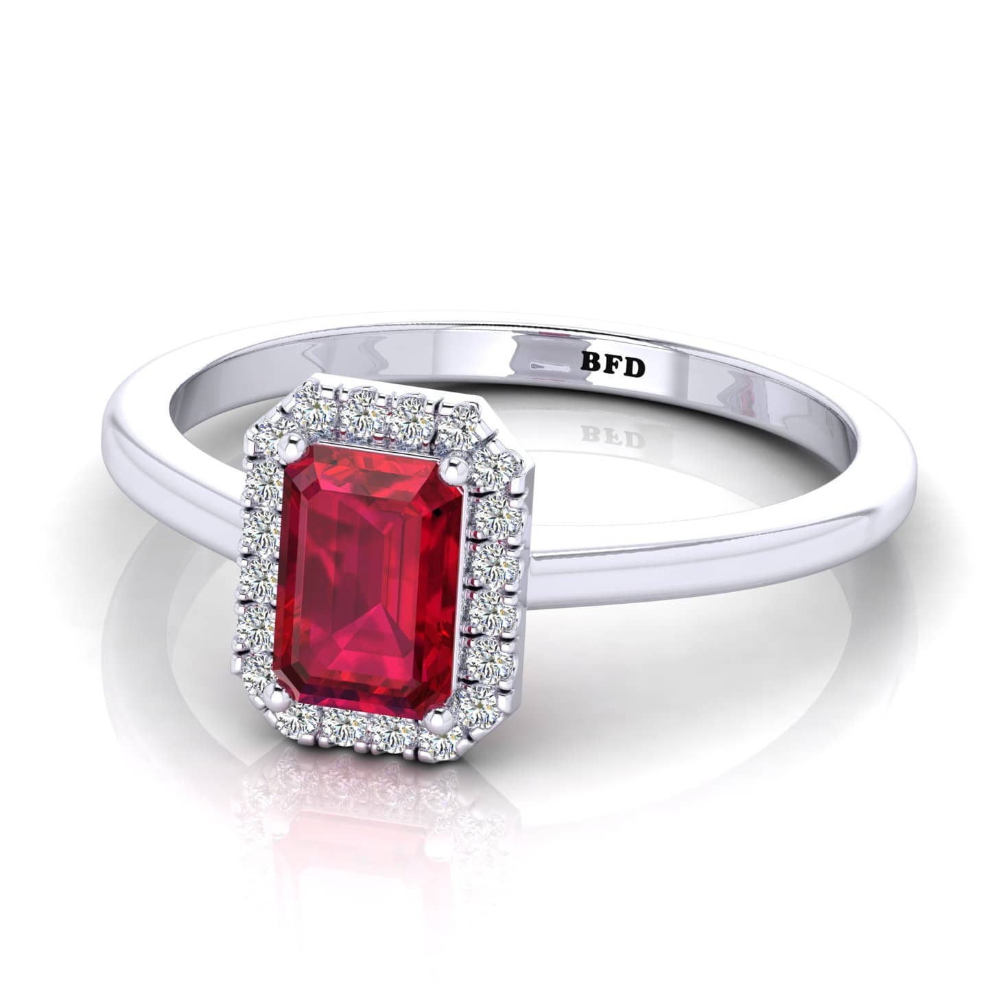 1.00 Ct Natural Emerald Cut Ruby & Round Diamond Halo Gemstone Engagement Ring In Gold & Platinum