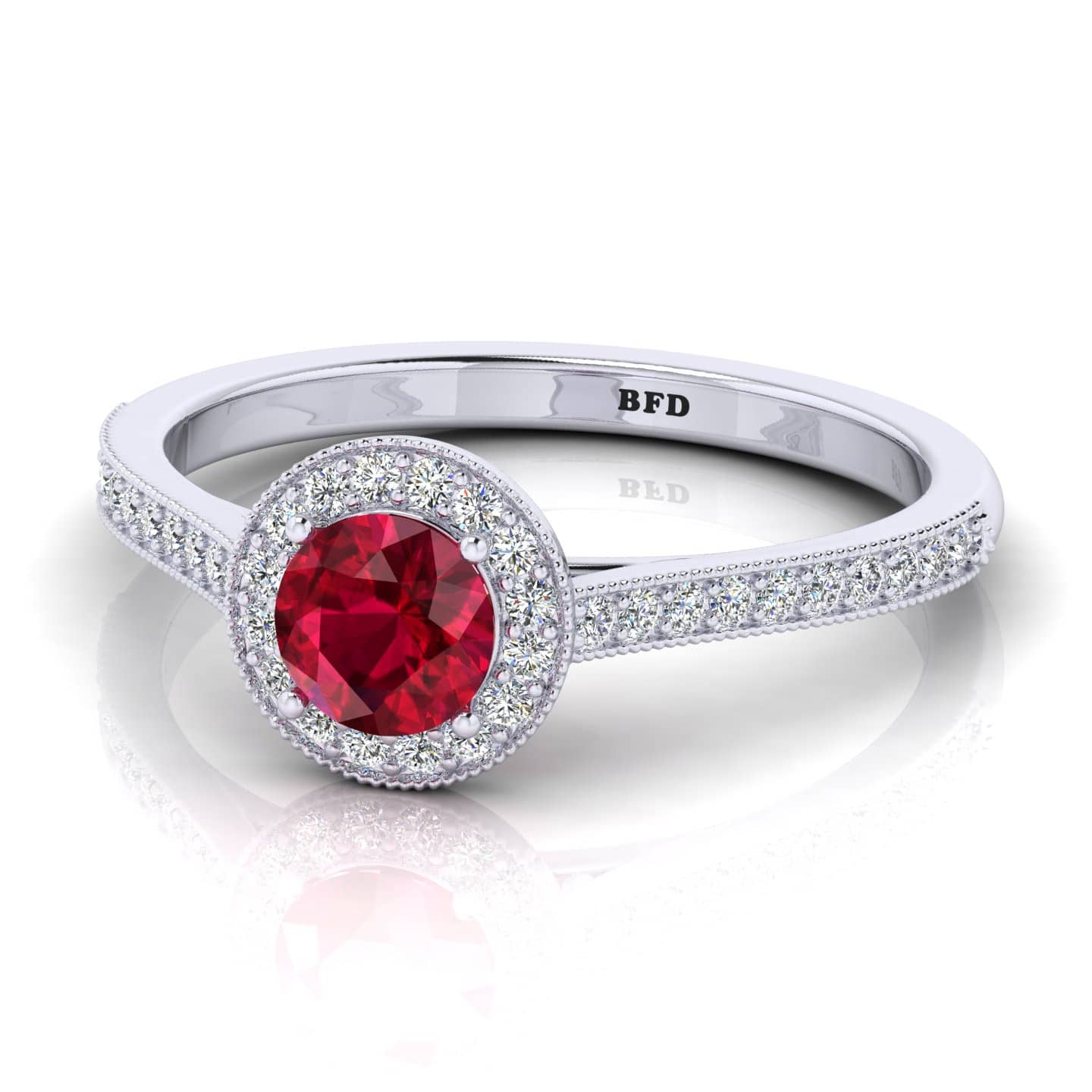 0.75 Ct Round Shape Ruby And Natural Diamonds Halo Engagement Ring In Gold & Platinum