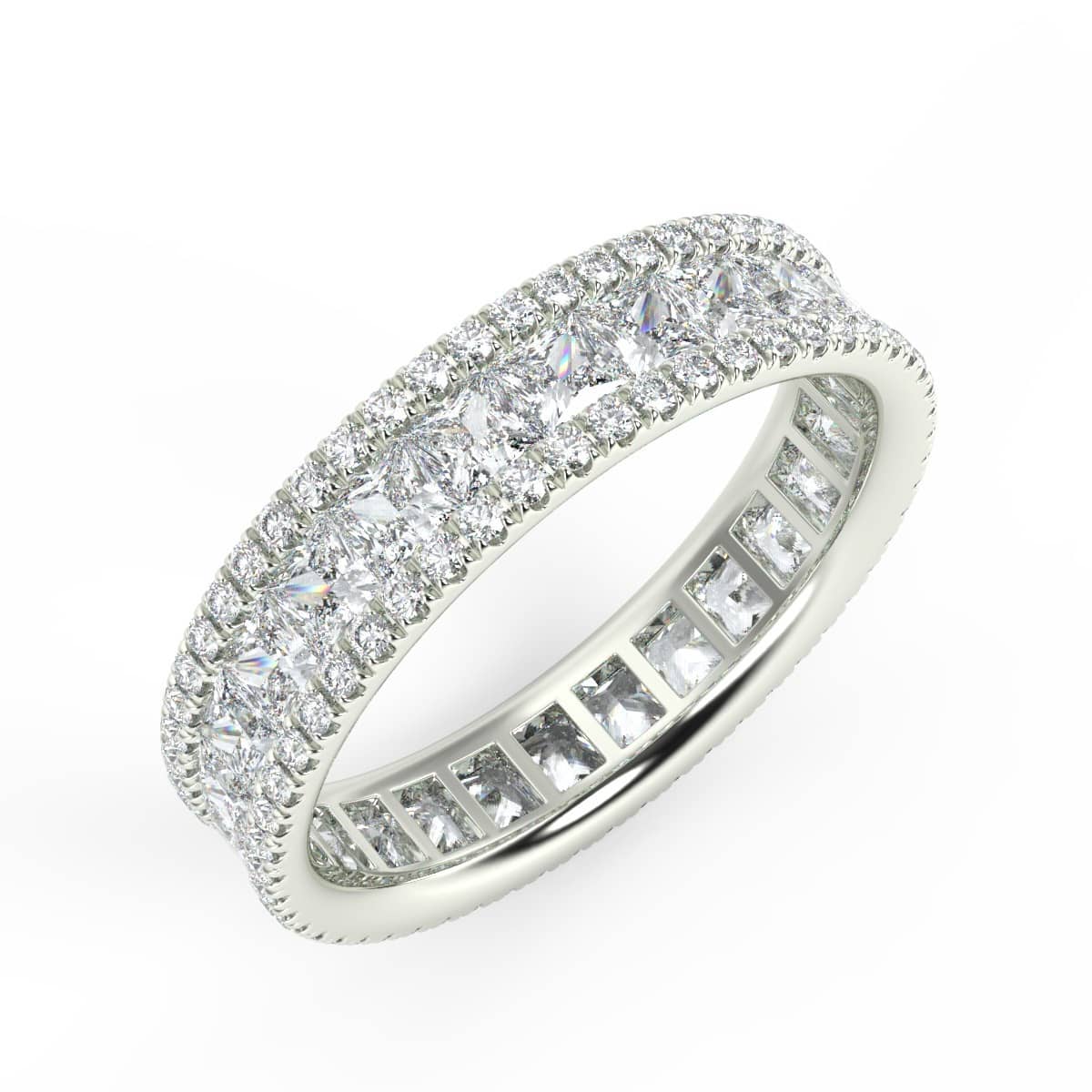 Channel Set Princess Cut And Micro Pave Set Round Diamond Full Eternity Women's Wedding Ring UK Hallmarked In 18k White Gold