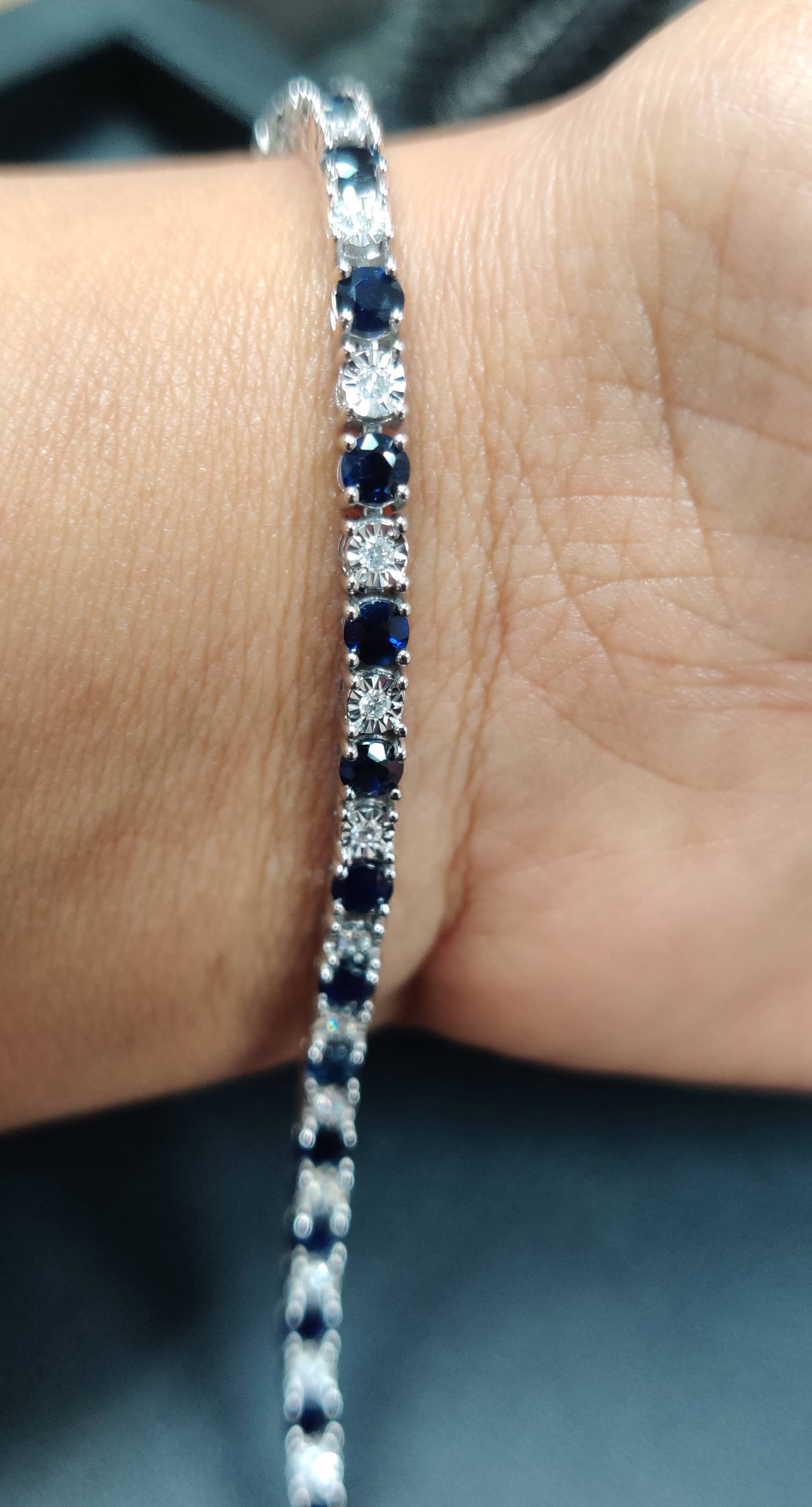100% Natural Sapphire And Diamond Illusion Set Tennis Bracelet In 9k white gold