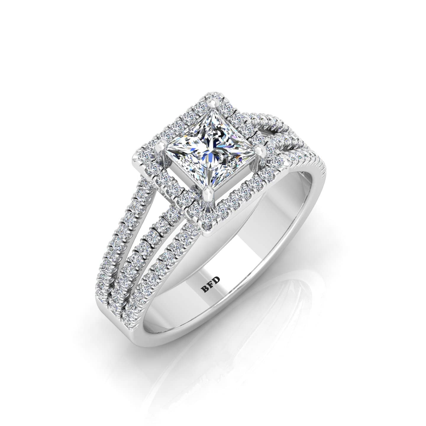 1.00 Ct Princess Shape 3 Row Shoulder Halo Diamond Engagement Rings In Gold & Platinum