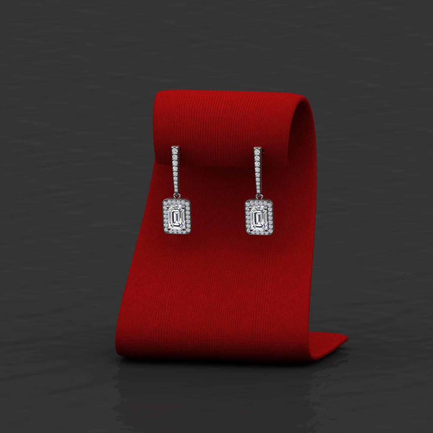 1.15 Ct F-G/VS Natural Emerald Cut Diamond With Halo Round Diamond Long Drop Earrings