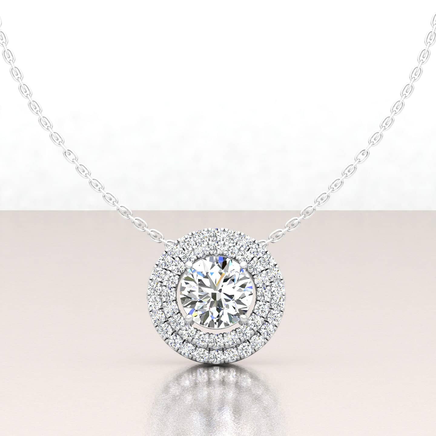 0.50Ct -1.00Ct Round Diamond Double Halo Pendant With Chain Crafted In Platinum and 18k Gold