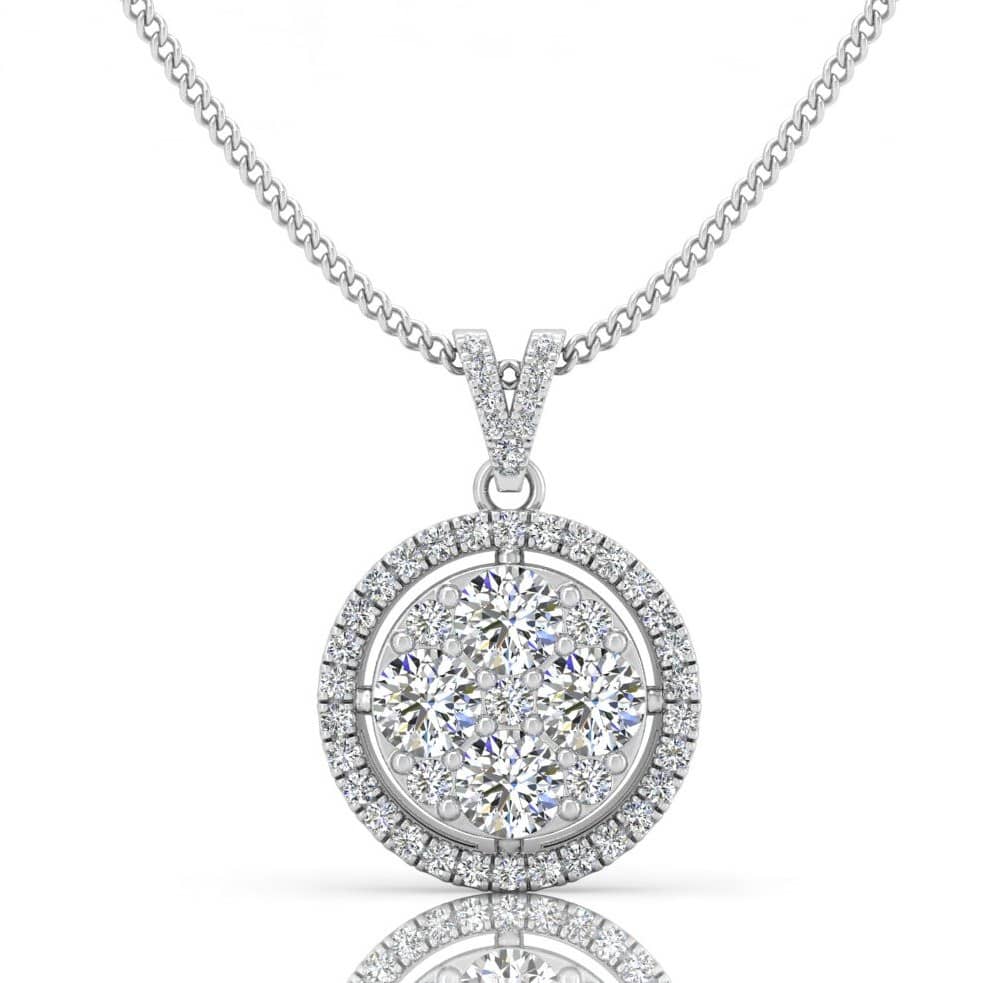 0.50 Ct -1.00 Ct Natural Round Diamond Halo Pendant With Chain In Platinum & Gold