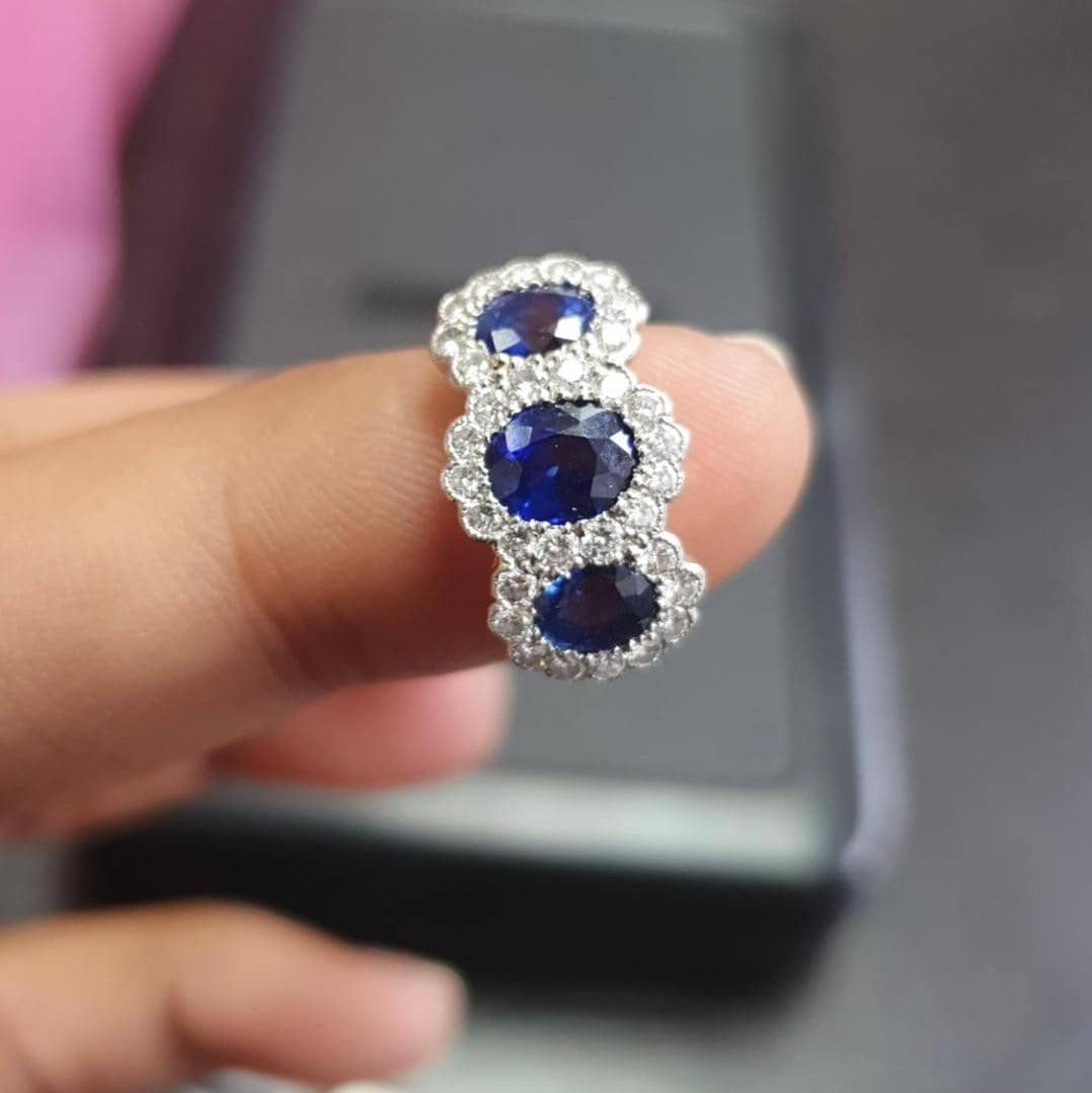 2.50ct Natural Oval Sapphire Halo Set Trilogy Vintage Engagement Ring In Platinum