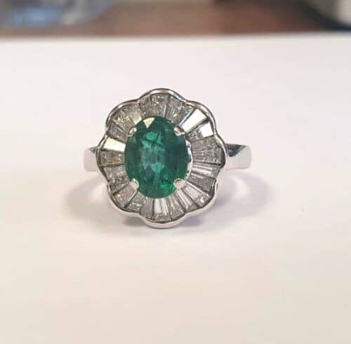 4.50 Ct Oval Green Emerald And Tapper Diamond Engagement Ring In 18k White Gold