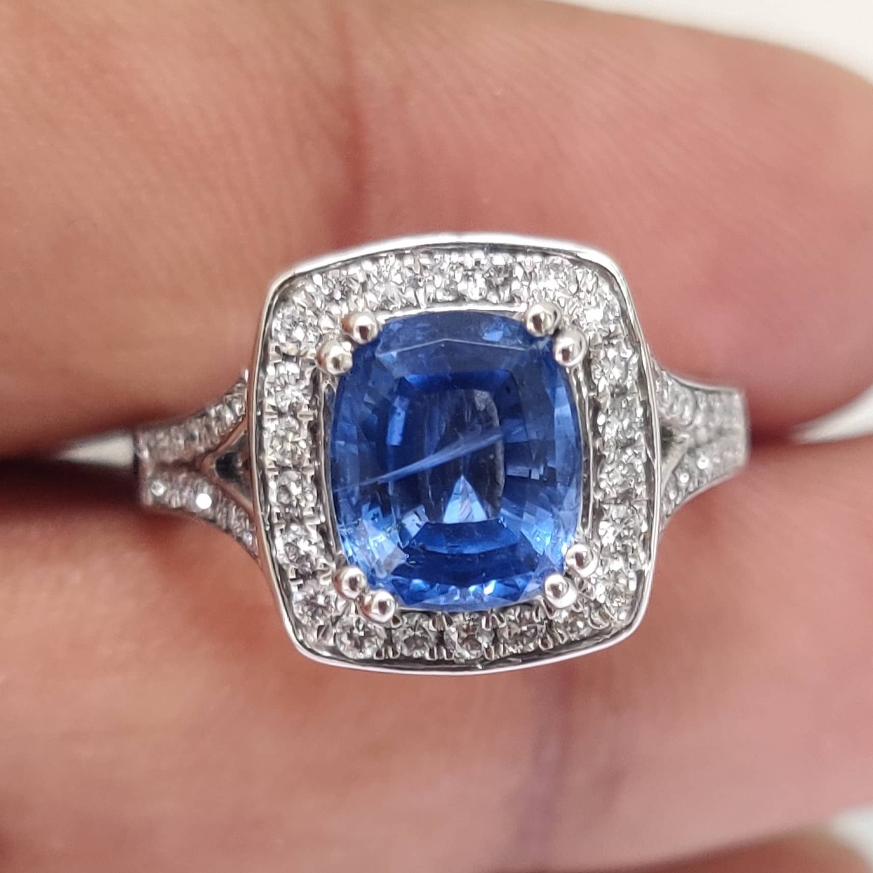 3.60 ct Designer Natural Cushion Sapphire & Diamond Halo Ring With Split Shank In Heavy Platinum