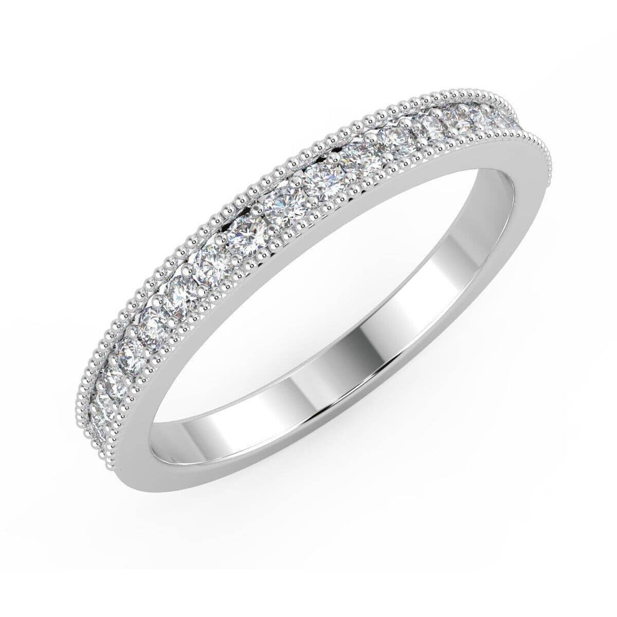 F/VS 0.50Ct Natural Round Diamond Pave Set Milgrain Half Eternity Ring In 18k White Gold