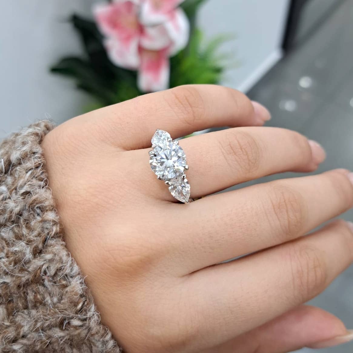 Round And Pear Shape Diamond Trilogy Engagement Ring