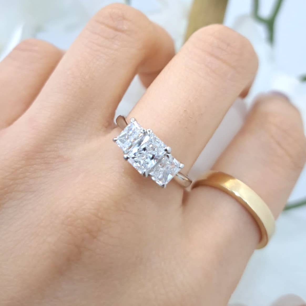 Emerald Diamond Three Stone Engagement Ring