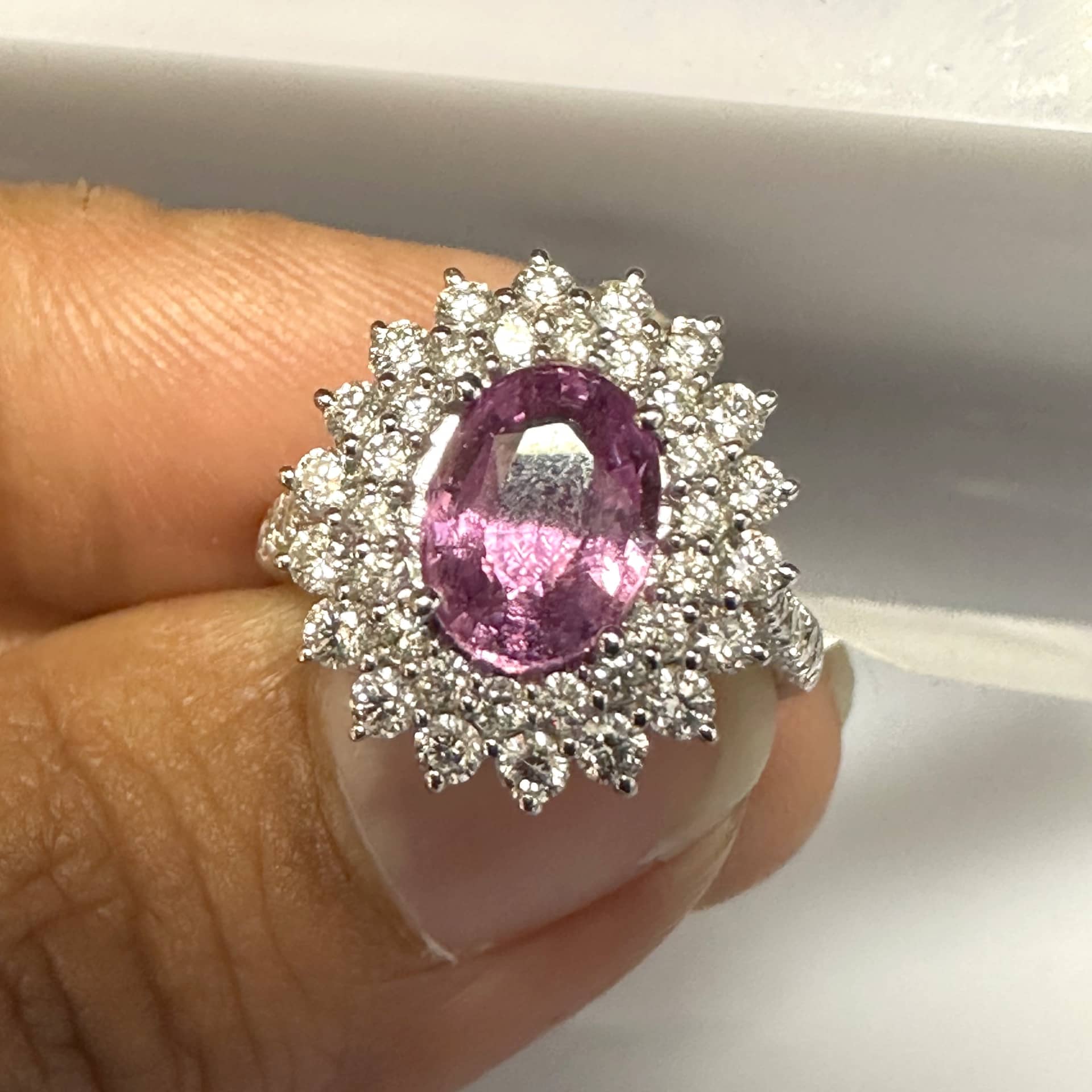 AAA 2.50Ct Purple Pink Sapphire And Diamond Cluster Engagement Ring In 18k White Gold