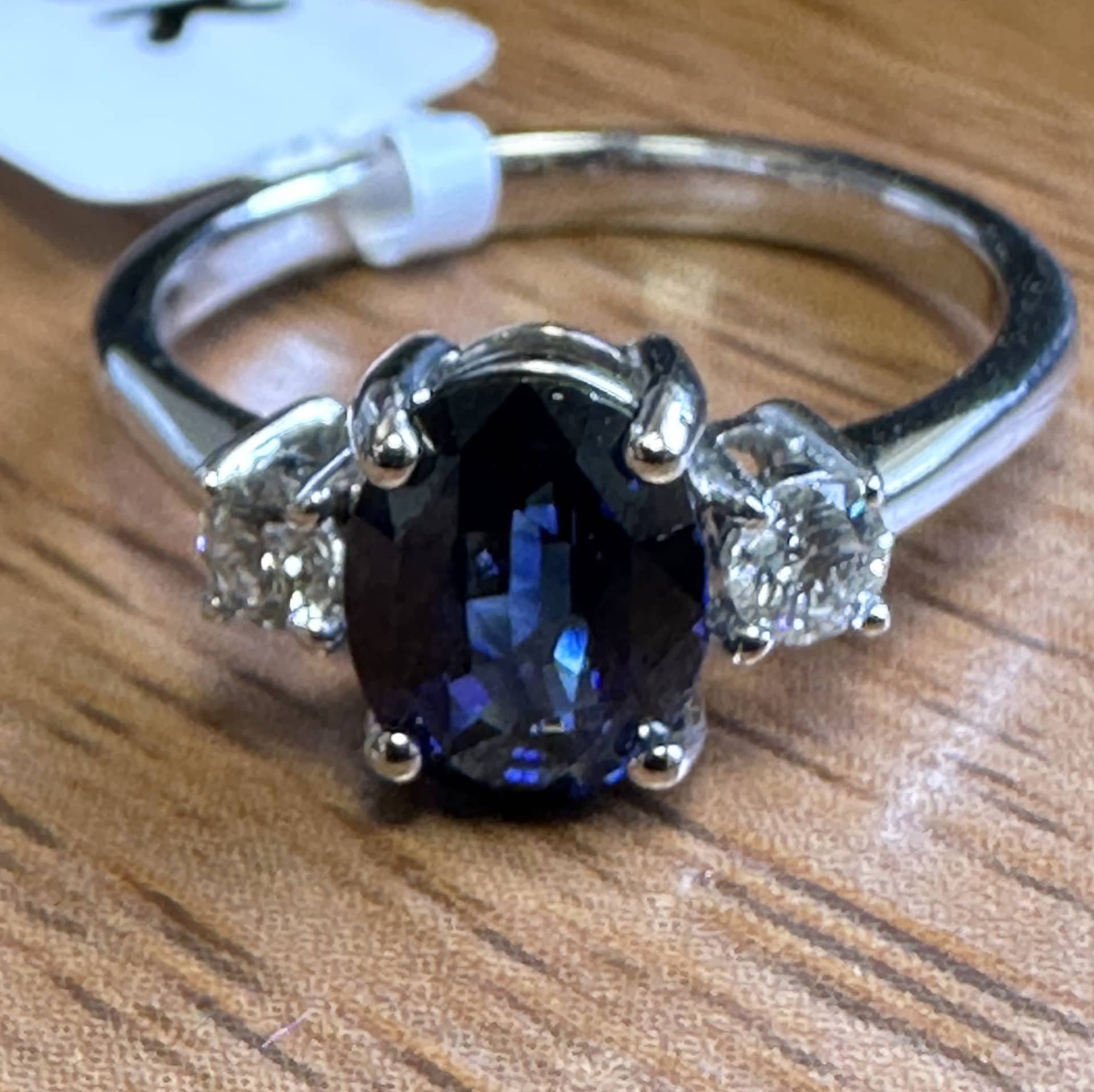 AAA Natural 1.50ct Dark Blue Oval Sapphire And Diamond Trilogy Engagement Ring In 18k White Gold