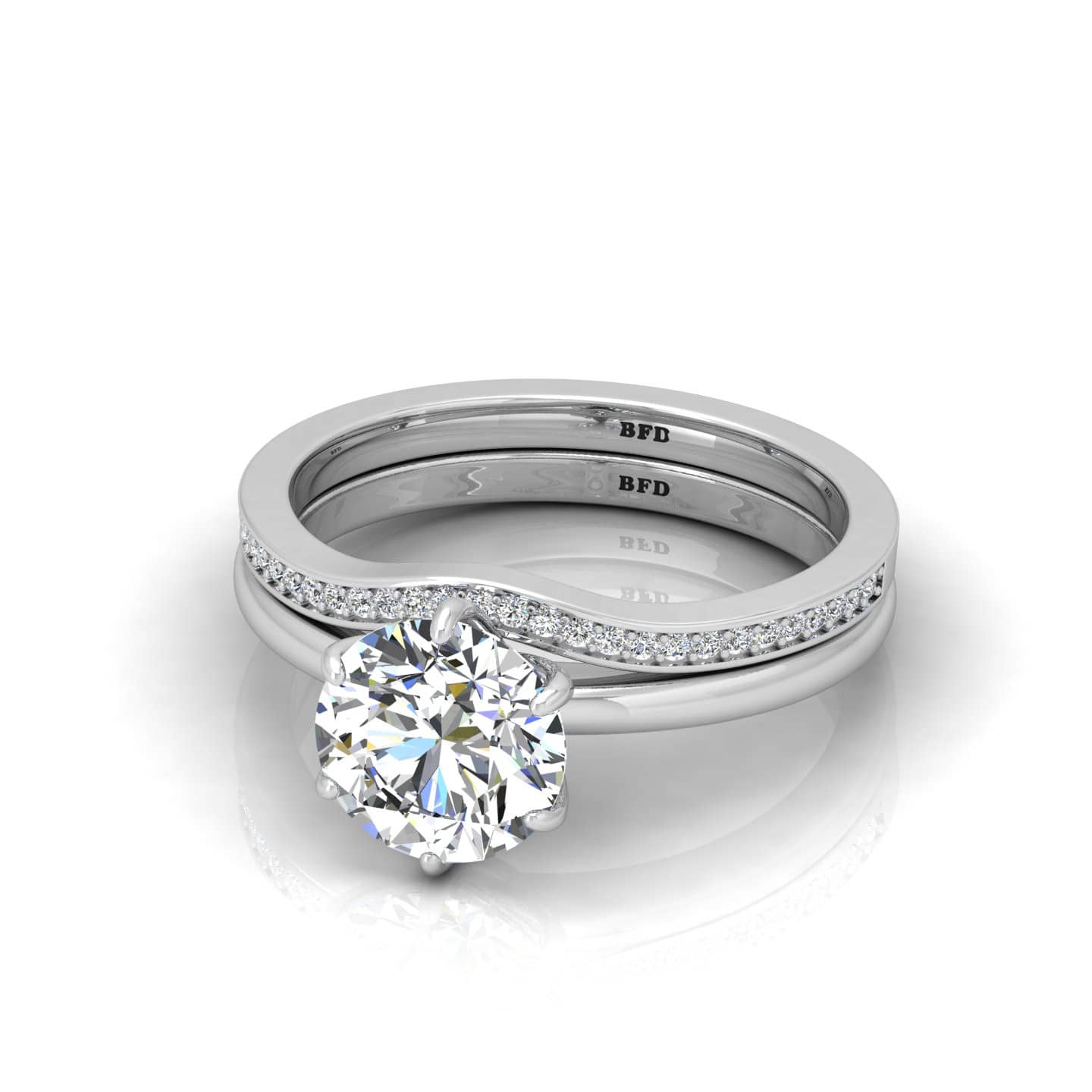 Round Diamond Six Claw Engagement Ring With Wave Wedding Band