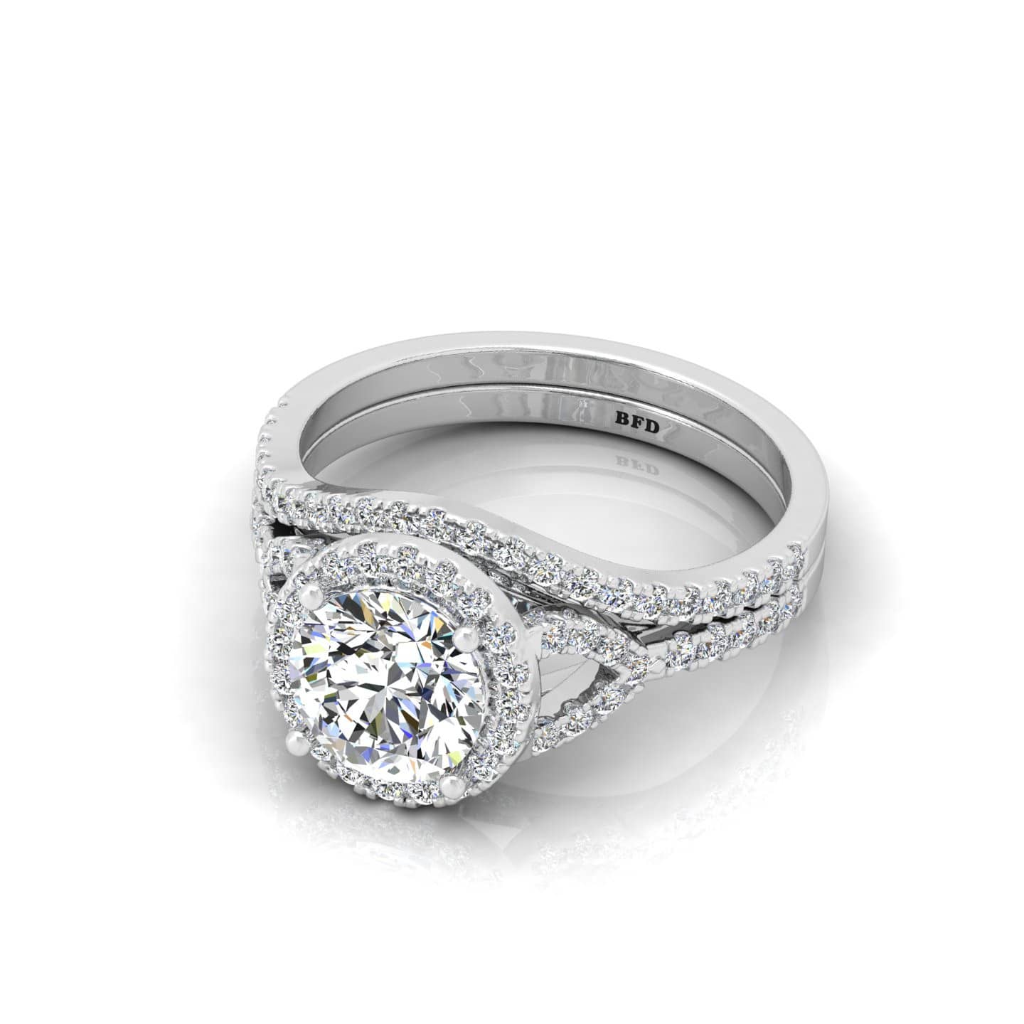 Round Diamond Designer Halo Engagement Ring With Matching Band