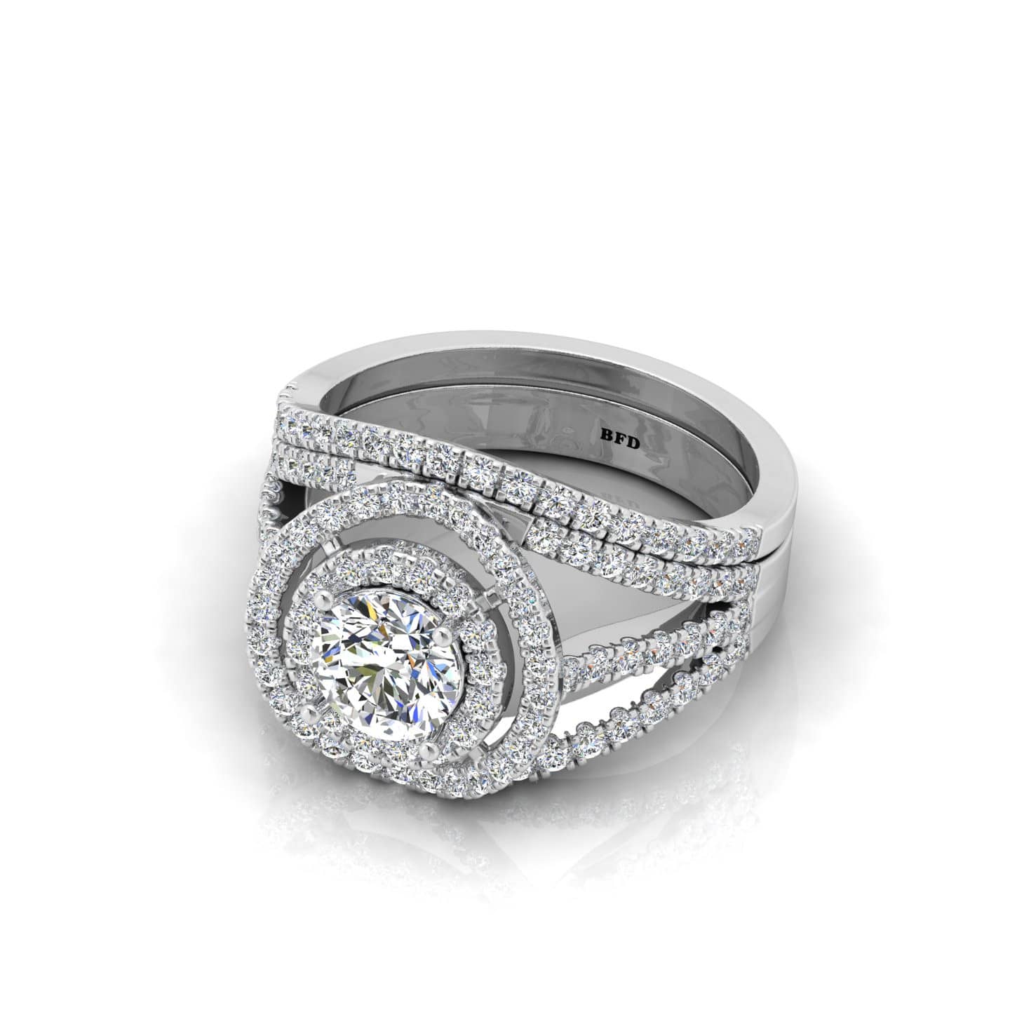 Round Diamond Double Halo Engagement Ring With Matching Band