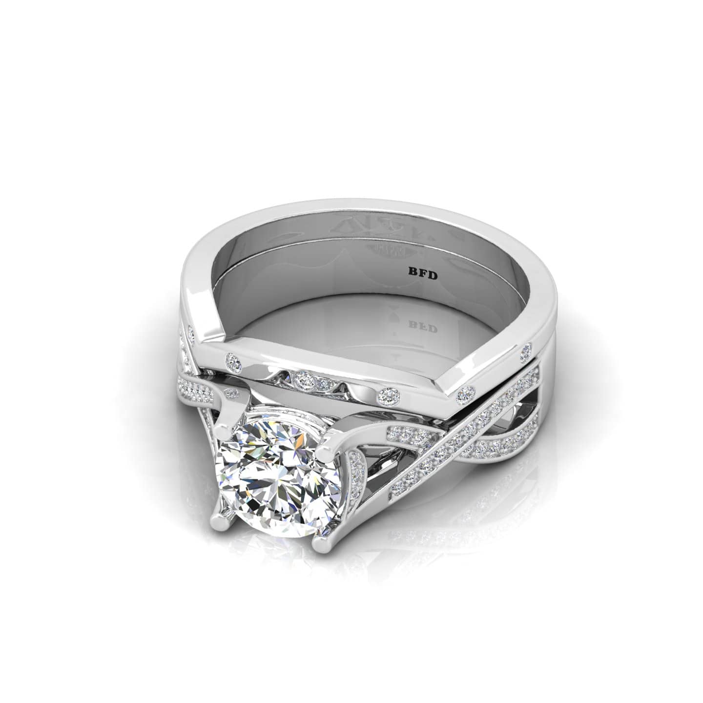 Round Diamond Designer Twisted Engagement Ring With Wedding Band