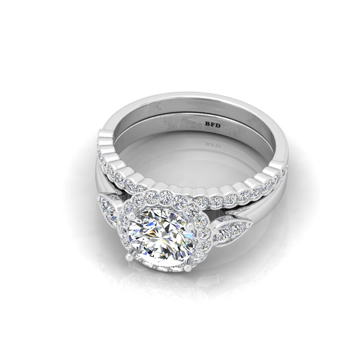 Round Diamond Studded Engagement Ring With Matching Band
