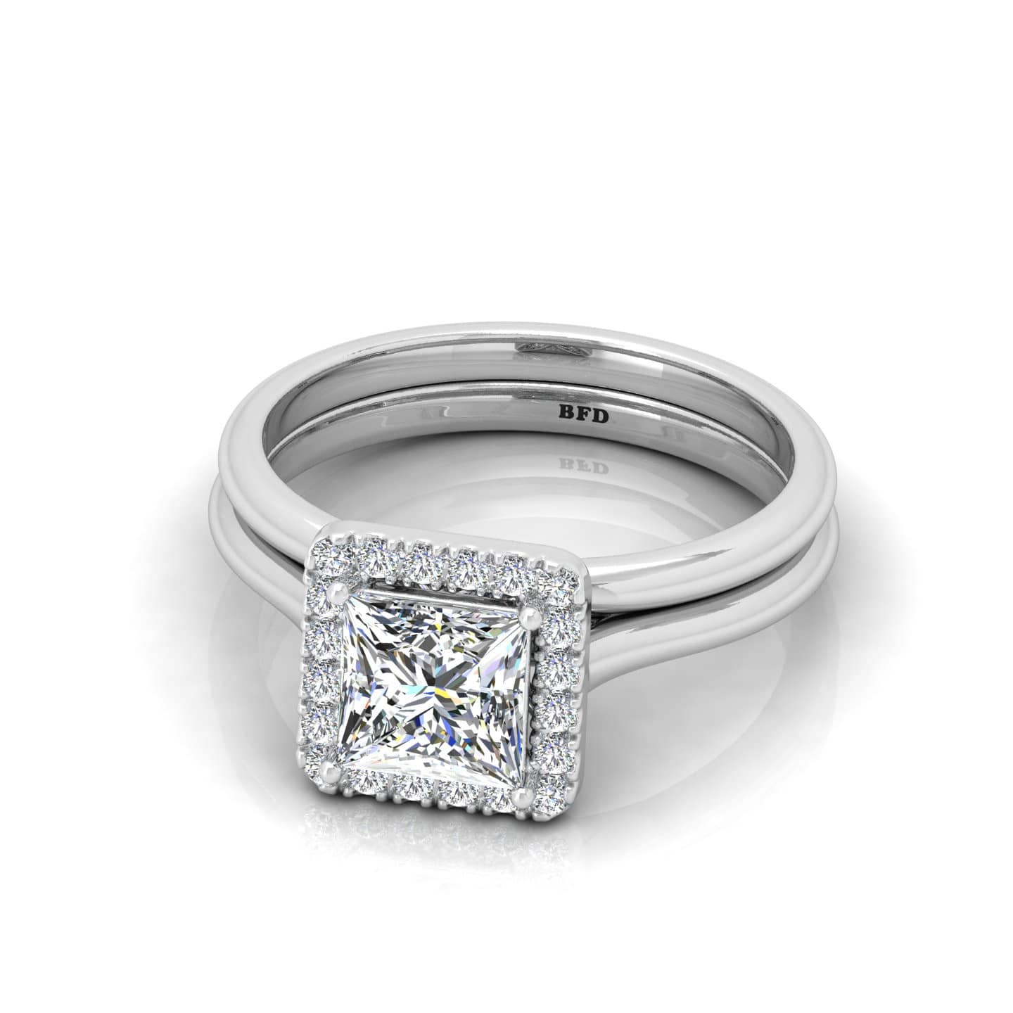 Princess Diamond Halo Engagement Ring With Wedding Band