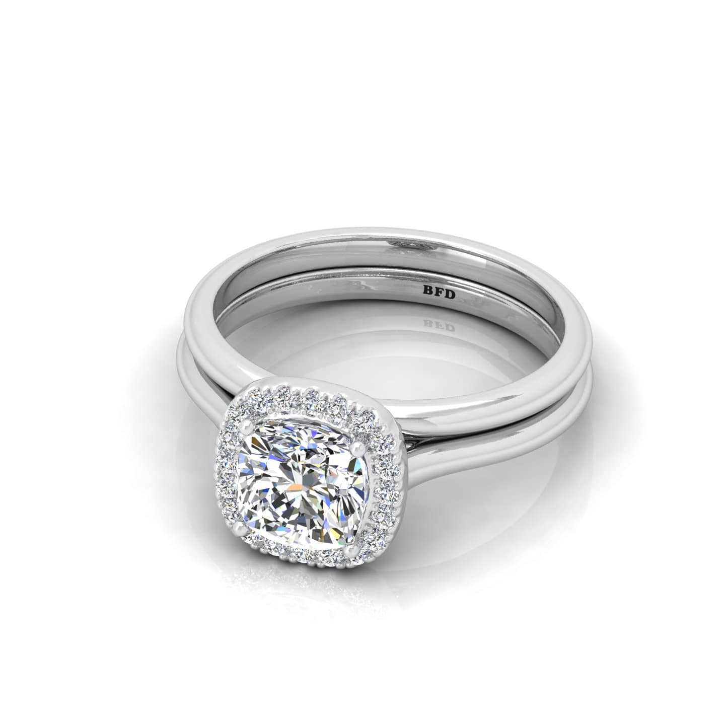 Cushion Cut Diamond Halo Engagement Ring With Wedding Band