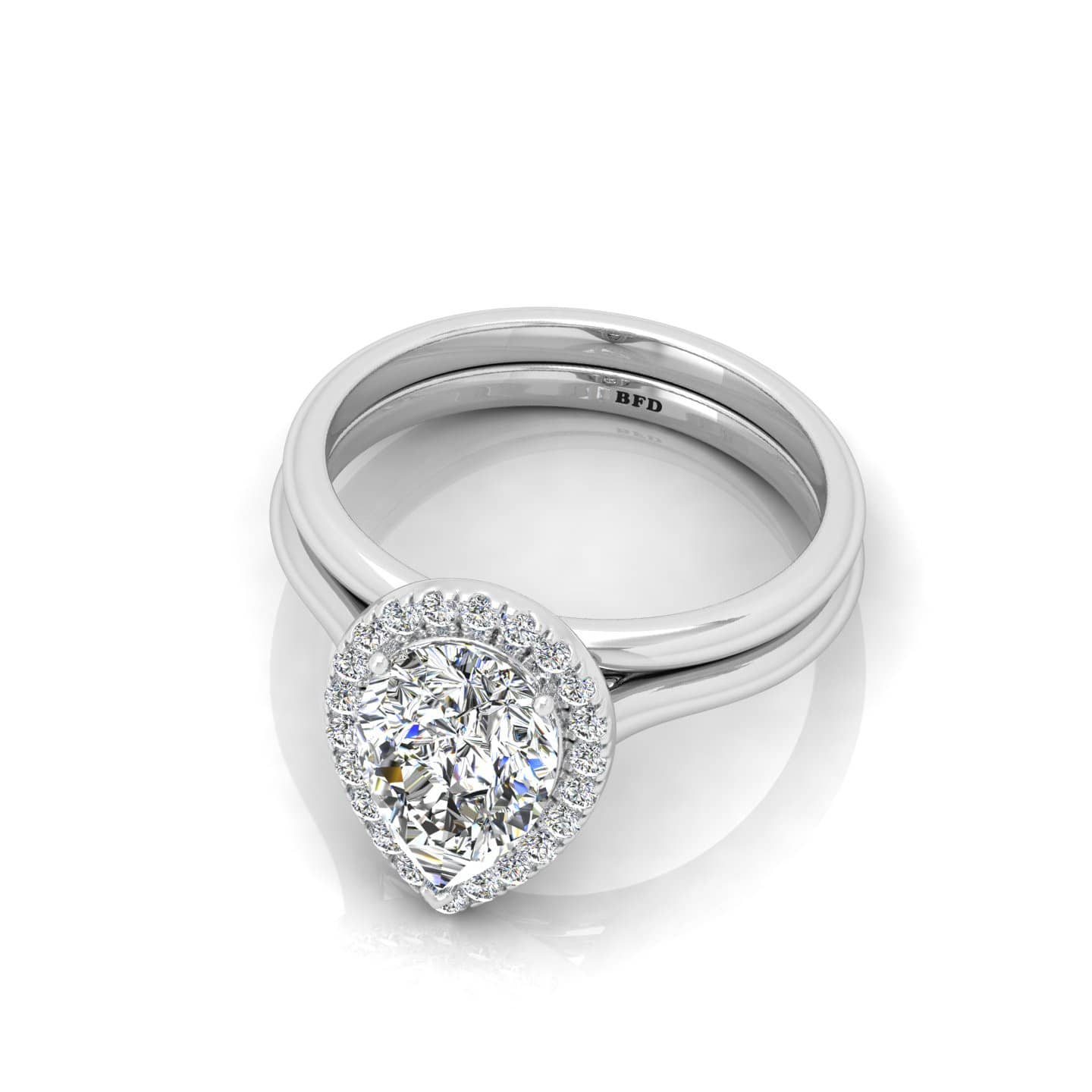 Pear Diamond Halo Engagement Ring With Matching Band