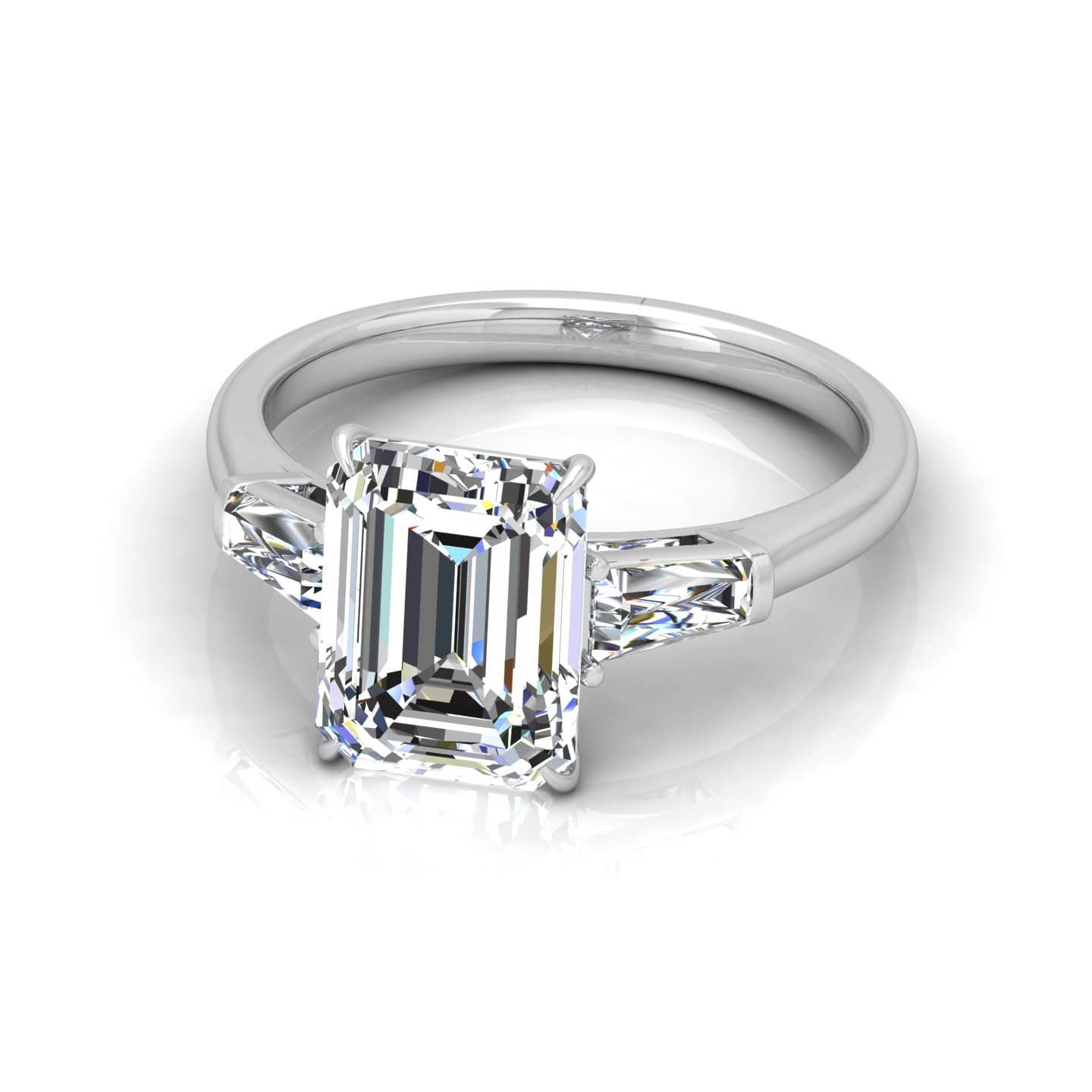 Emerald With Tapper Baguette Diamond Three Stone Ring