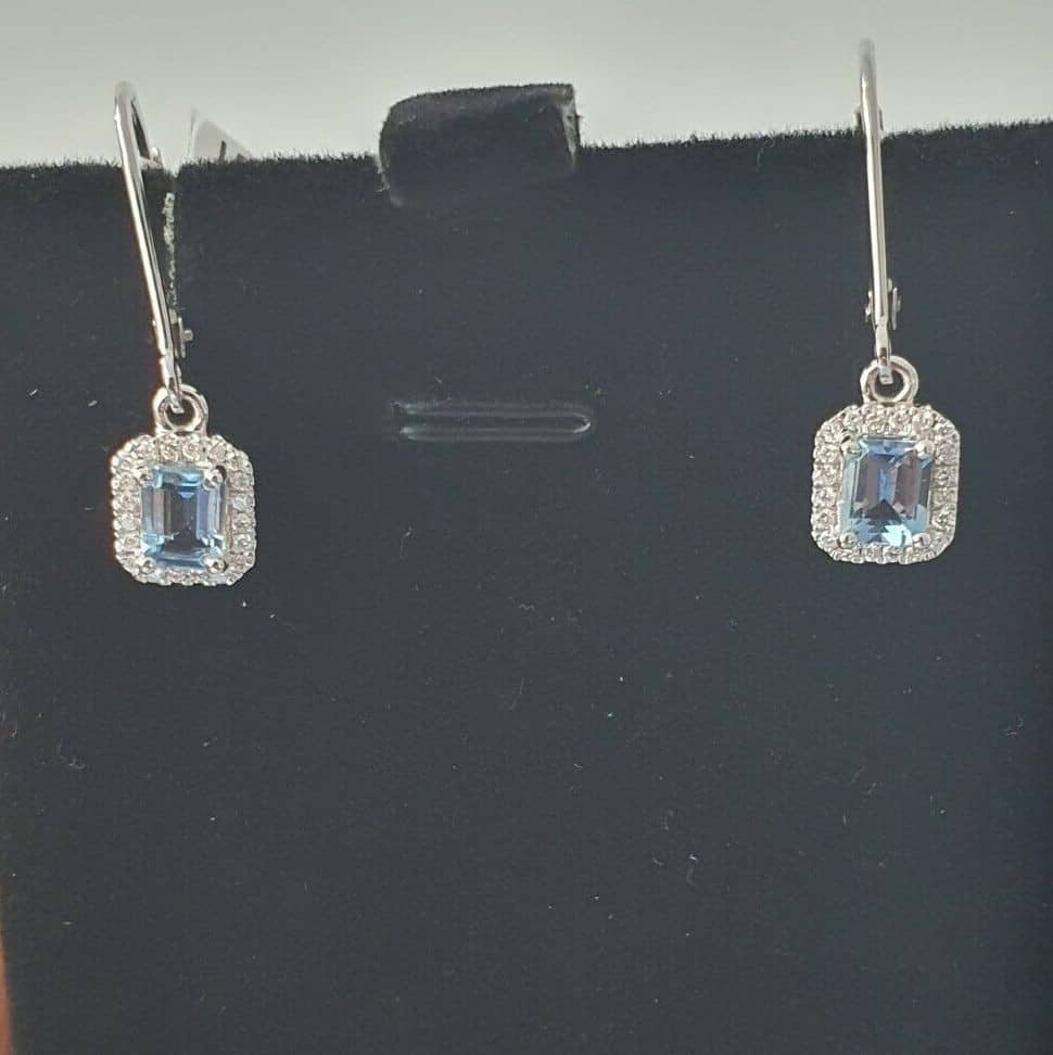 AAA 1.50Ct Emerald Cut Aquamarine Halo Set Dangle Drop Earring In 18K White Gold