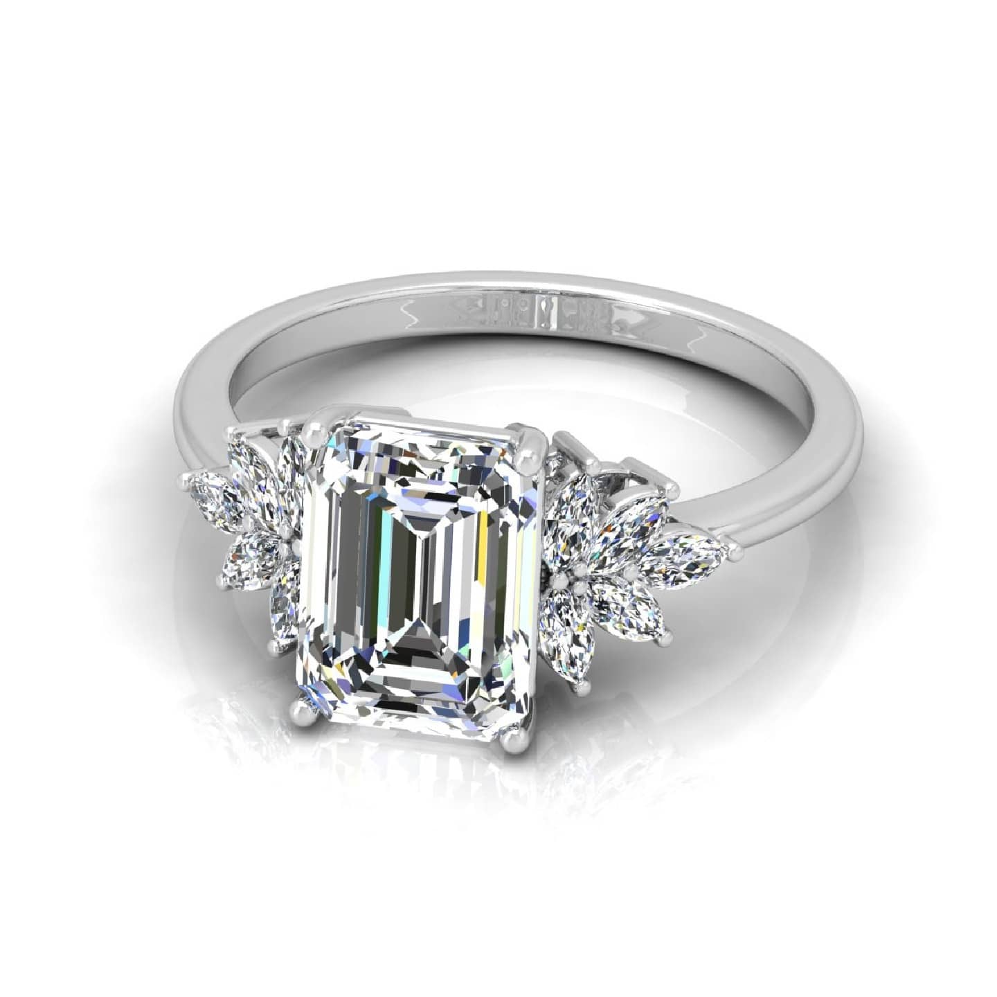 Modern Style Emerald And Marquise Diamond Engagement Ring