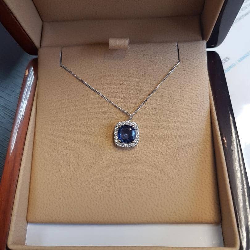 AAA 1.50 Ct Cushion Shape Tanzanite Halo Pendant With Chain Hallmarked In 18k White Gold