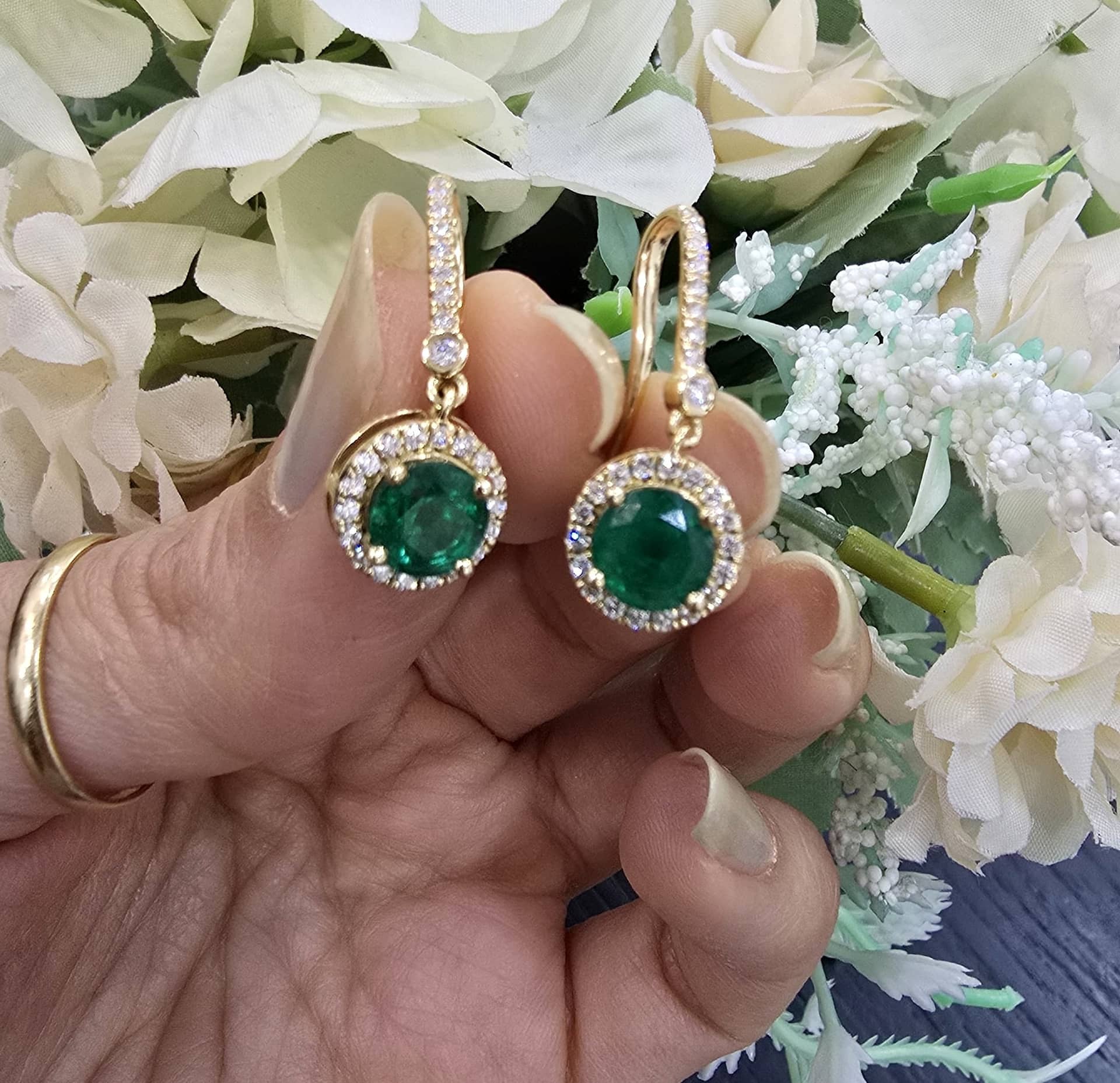 3.25Ct Green Emerald And Diamond Designer Drop Dangle Halo Earrings In 18k Yellow Gold