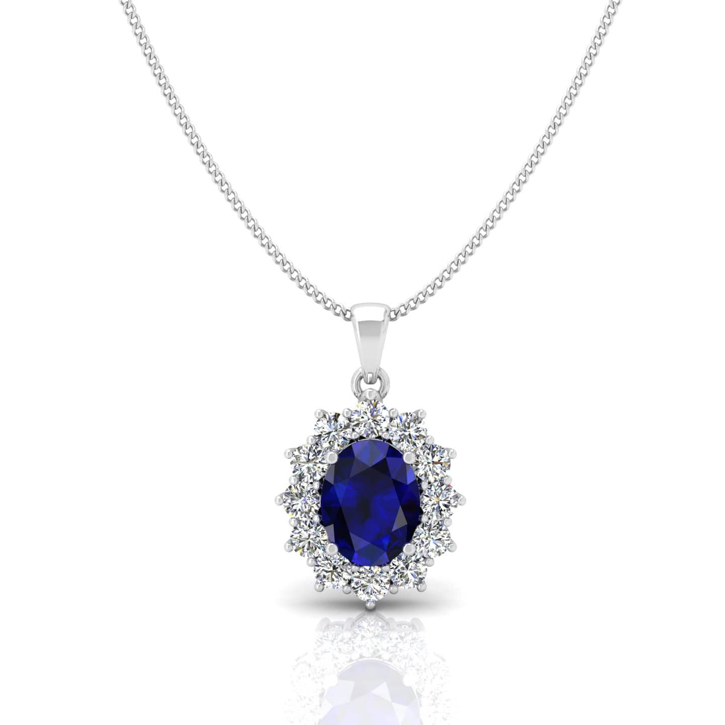 3.00 Ct Oval Blue Sapphire And Round Diamond Pendant With Chain In 18k White Gold