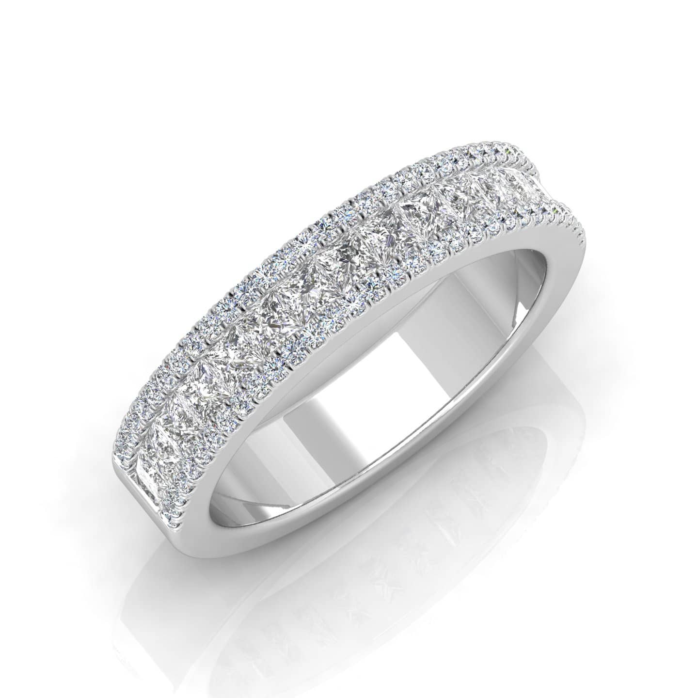 3.00 Ct 100% Natural Round And Princess Cut Diamond Half Eternity Ring In 18k White Gold