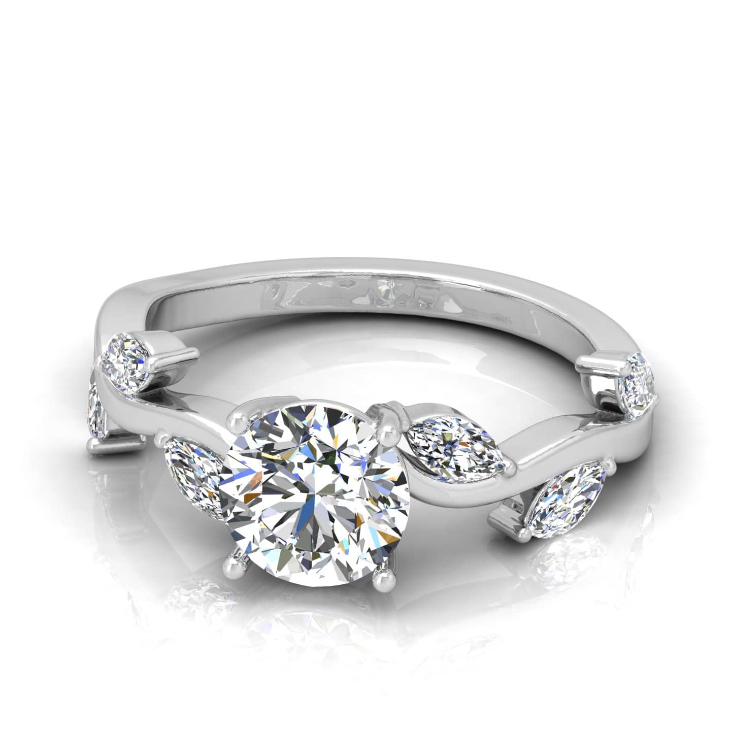 Round With Marquise Diamond Leaf Style Wave Engagement Ring