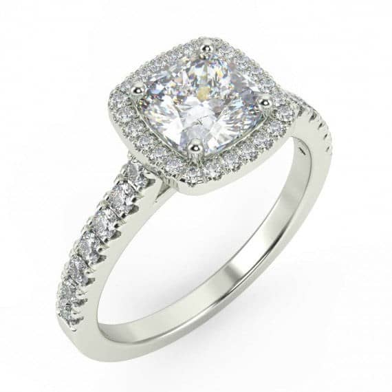 1.00 CARAT CUSHION HALO DIAMOND ENGAGEMENT RING, PLATINUM , 18K GOLD