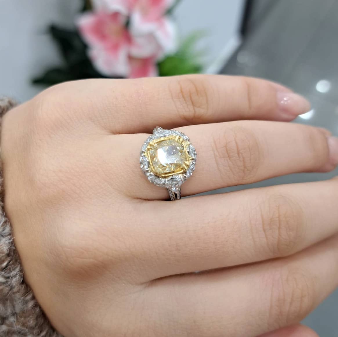 Natural Fancy Yellow 3.82 Ct Cushion Diamond Halo Engagement Ring - Platinum